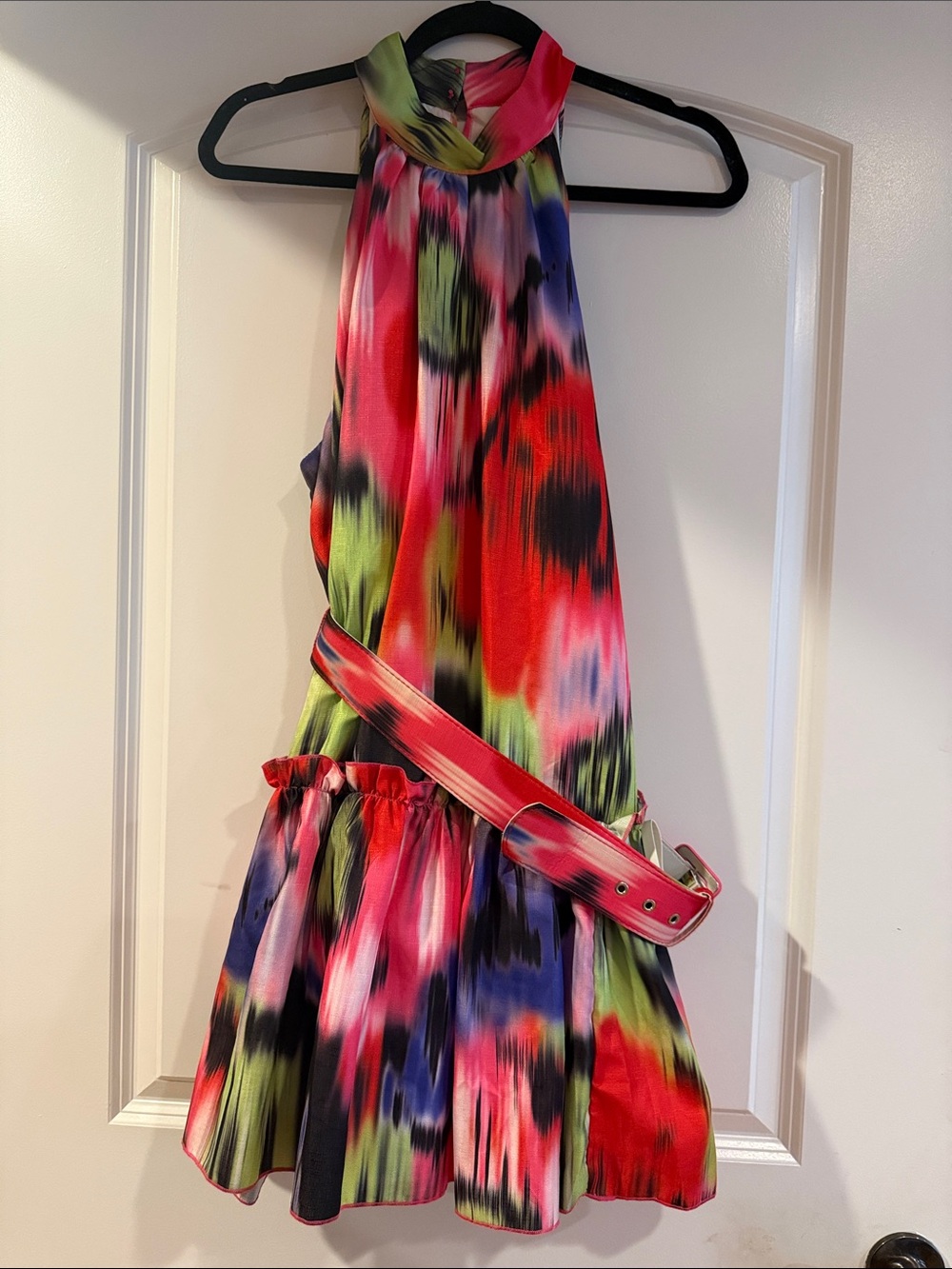 L'ATISTE Multicolor Halter Dress with Belt - Red, Pink, Green, Blue